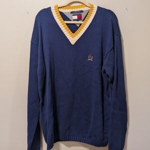 Tommy Hilfiger Vintage Men's Navy and Yellow V-Neck Sweater